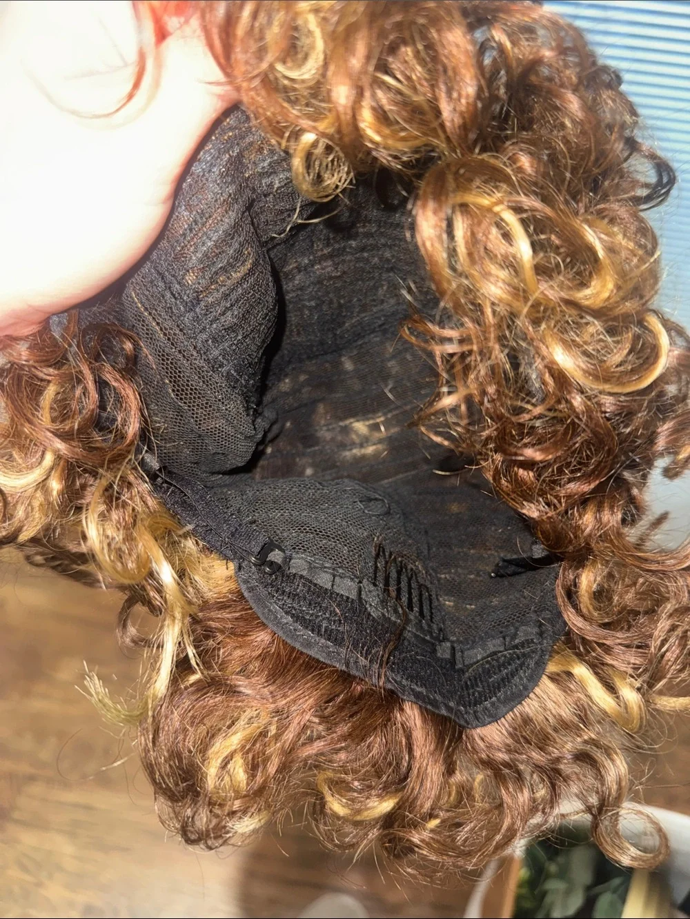 Human Curly Hair Wig in Brown with Blonde Highlights